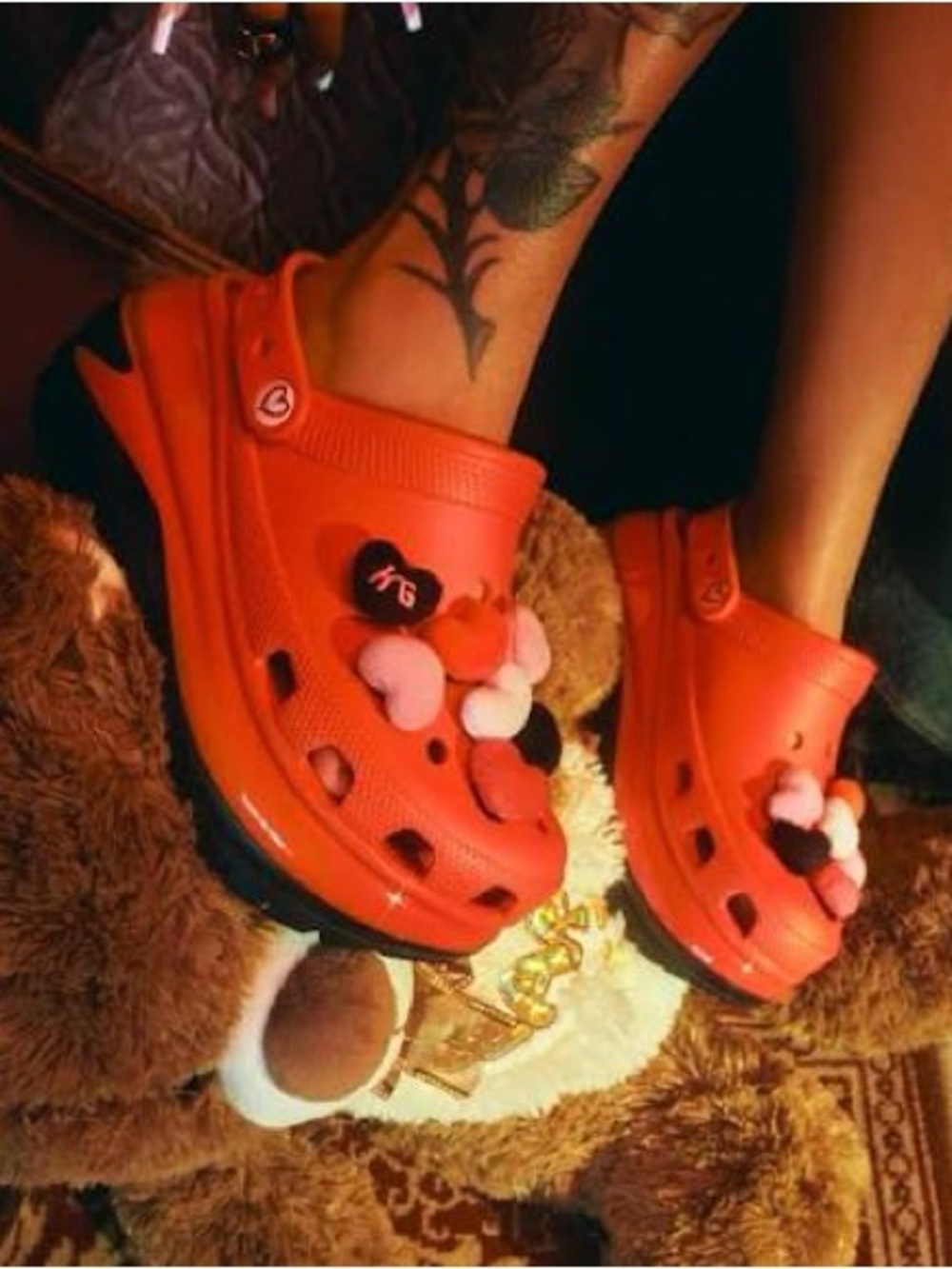 CROCS x KAROL G Red Platform Clogs with Heart Charms